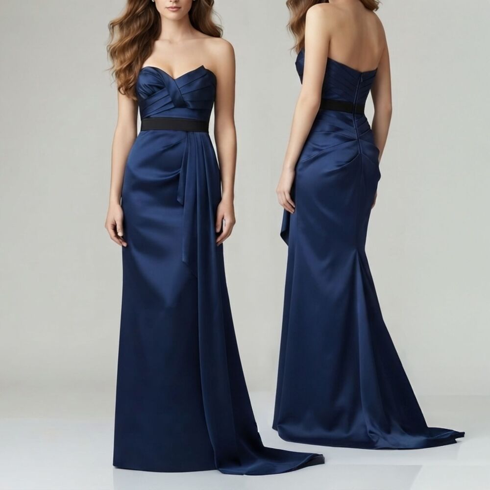 BCBGMAXAZRIA Royal Blue Satin Strapless Pleated Evening Gown Size 6